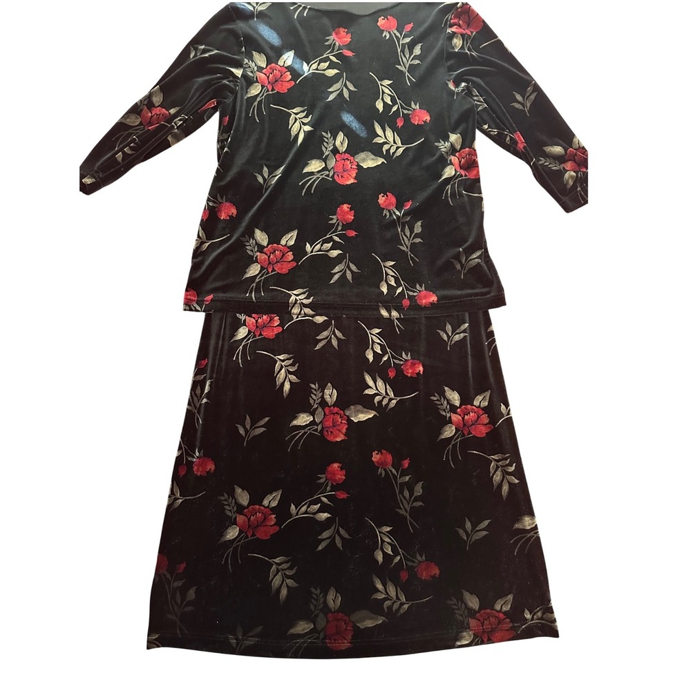 Jennifer Moore‎ Floral Velvet Tunic  Maxi Skirt Set Sz L Whimisgoth Vintage 90s
